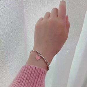 Tiffany & Co Pink Heart Charm Bead Bracelet 16cm Silver